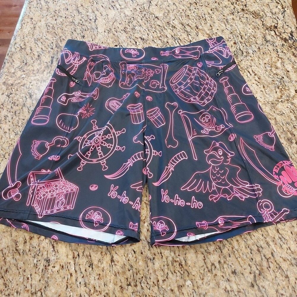 Feed Me Fight Me Shorts Men's Size 2XL Black/Pink Pirate Nautical Zip Pocket